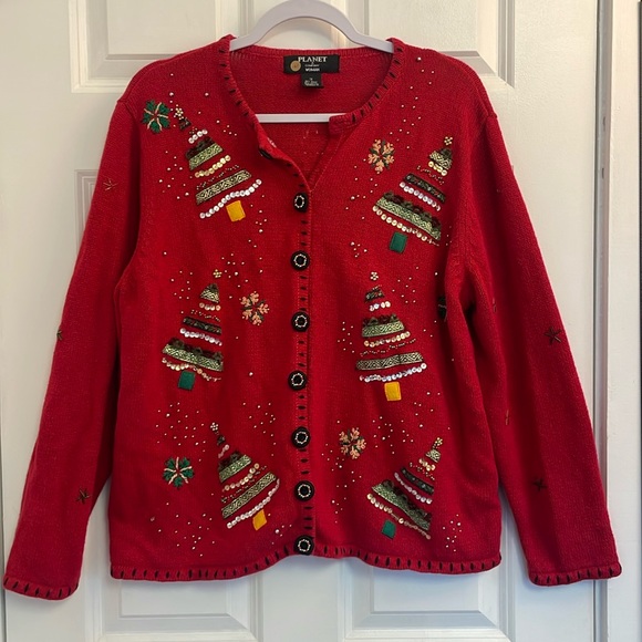 Christmas sweater button cardigan beaded sequins embroidered trees - Picture 2 of 12